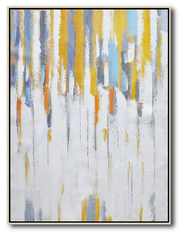 Abstract Painting Extra Large Canvas Art,Vertical Palette Knife Contemporary Art,Large Paintings For Living Room White,Yellow,Violet Ash,Grey